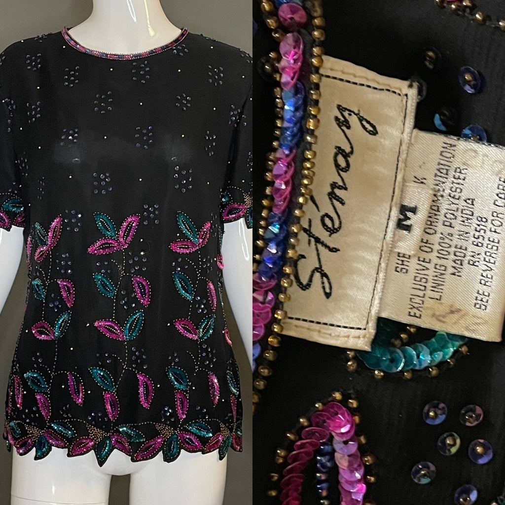 Gorg Vtg 80s St Enay Pink Blue Sequin Black Silk Party Cocktail Top M Jagged Hem