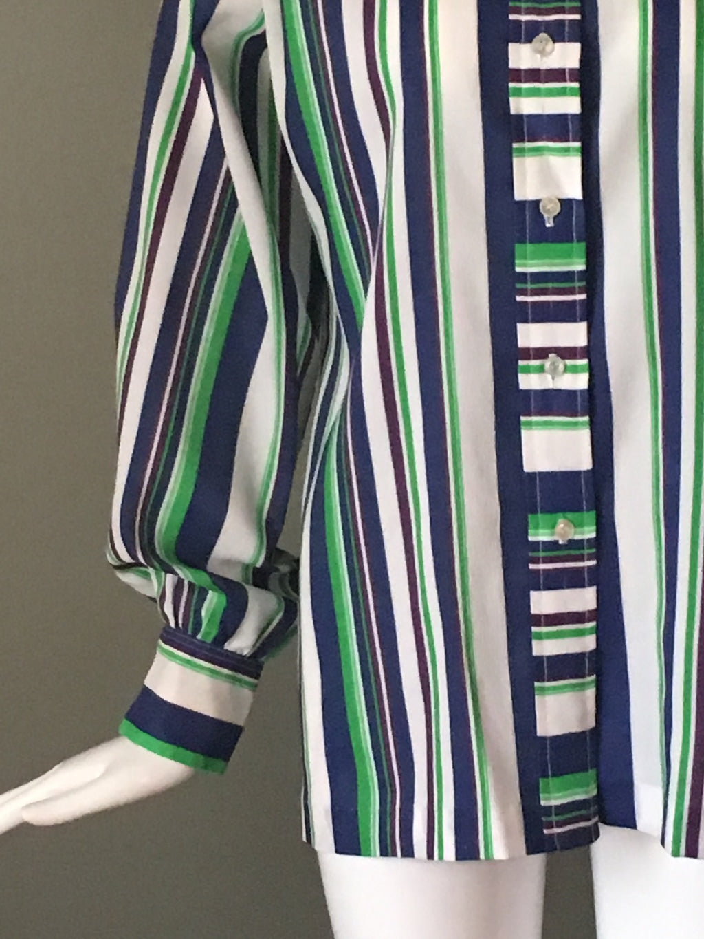 Super Cute Vtg 70s Blue Green Stripe Poly Crepe Glenbrooke Label Top Blouse L