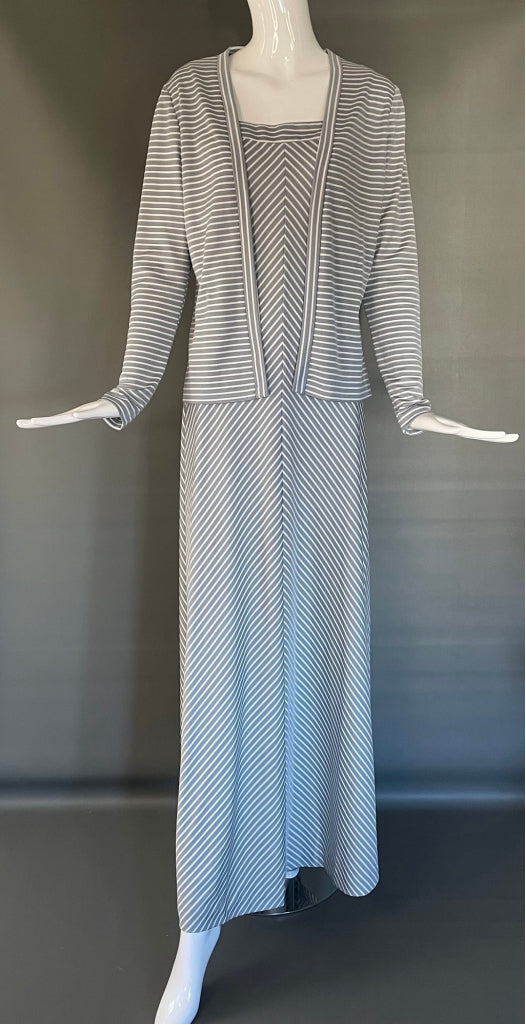 Vtg 70s Outfit Gray Chevron Stripe Maxi Dress w/Matching Jacket Shrug S M Mint