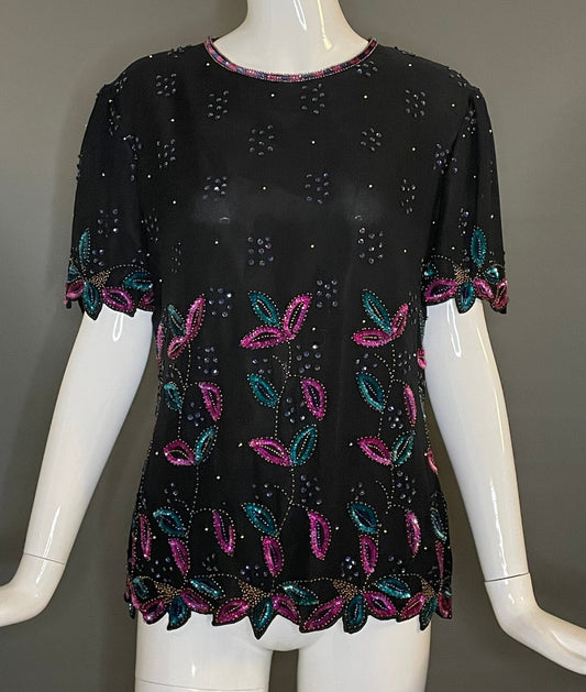 Gorg Vtg 80s St Enay Pink Blue Sequin Black Silk Party Cocktail Top M Jagged Hem