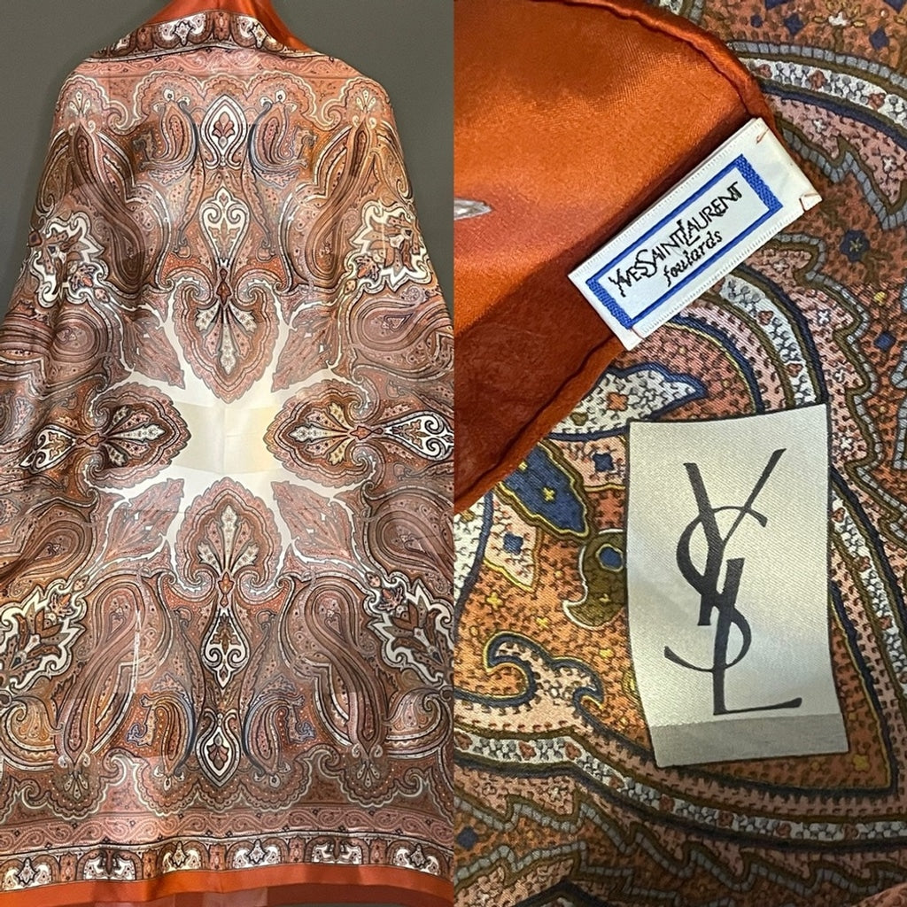 Oversized Yves Saint Laurent Silk Scarf Copper Paisley Huge 42 In Exc Condition