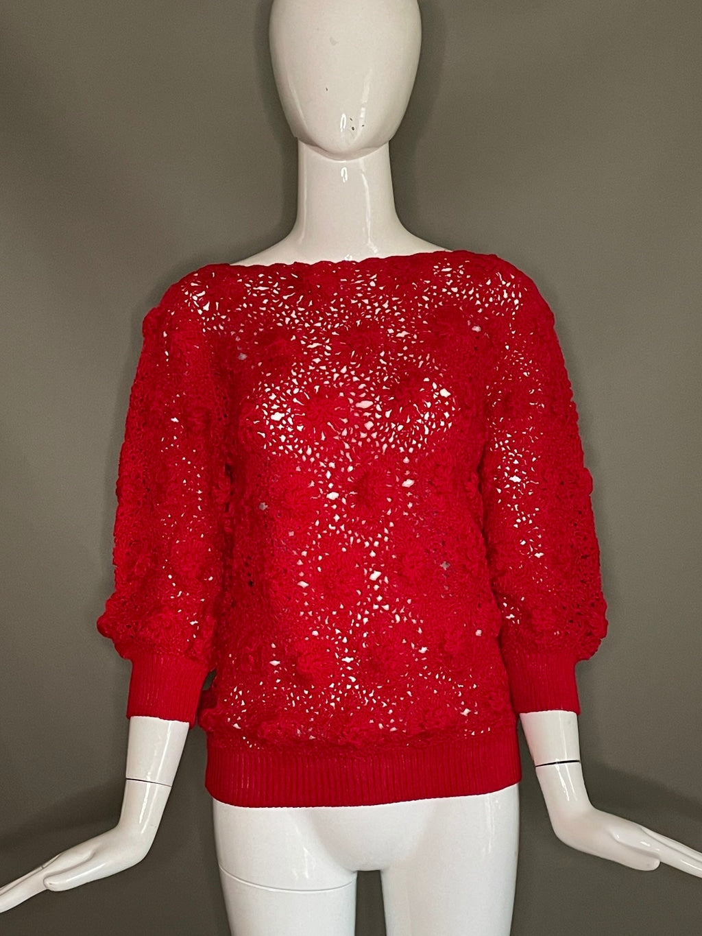 Super Cute Vtg 70s Red Hand Crocheted Rosette Top Blouse 3/4 Sleeves M