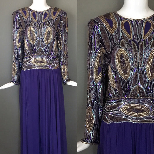 Gorg Vtg 80s Jack Bryan ESequin Poly Chiffon Formal Chic Dress Mint Glam 8 M L