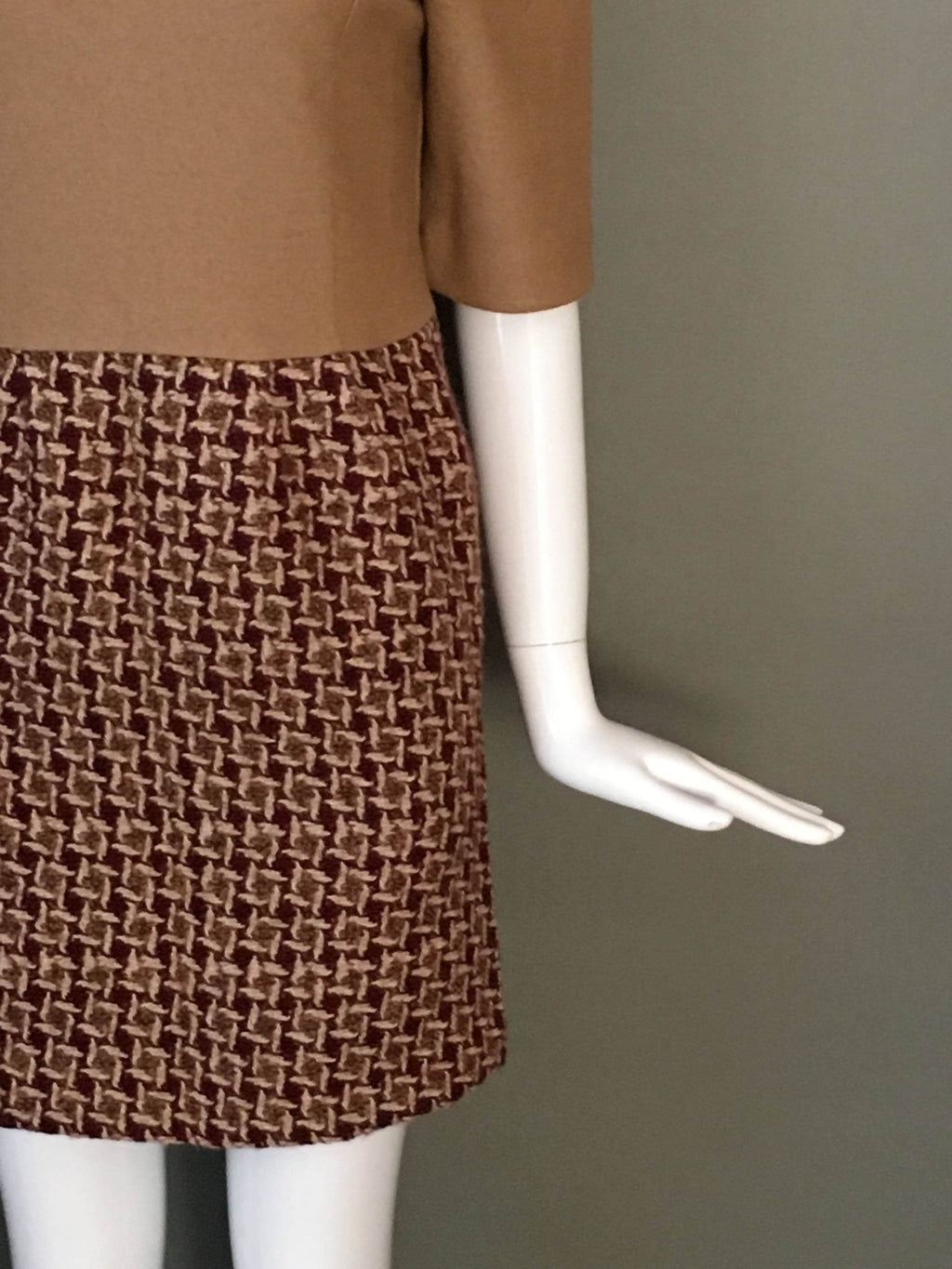 Darling Vtg 70s Nubby Skirt Camel Bodice Dress Puff 1/2 Sleeves XS Mint Condition Indie Streetwear Mod