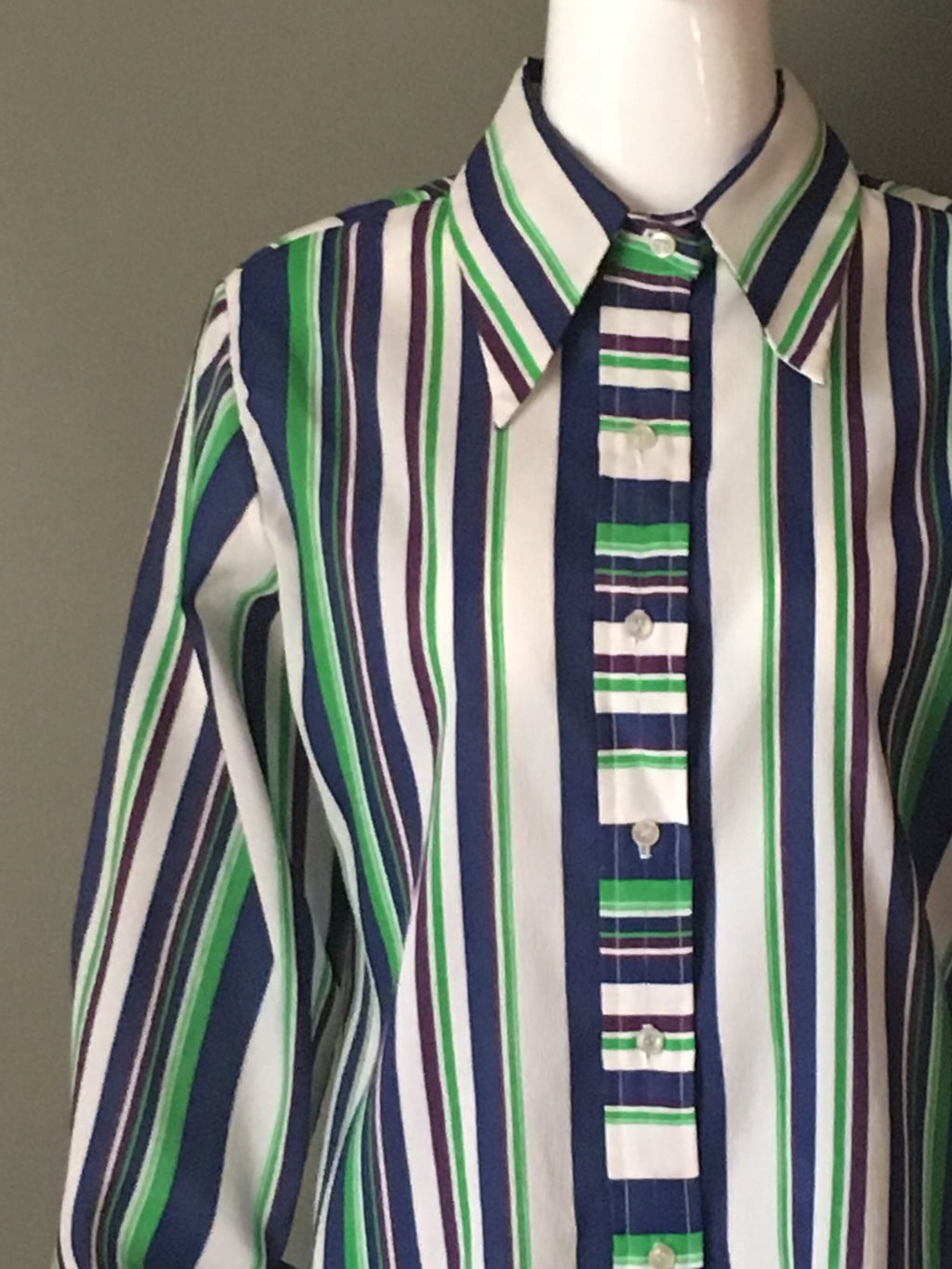 Super Cute Vtg 70s Blue Green Stripe Poly Crepe Glenbrooke Label Top Blouse L