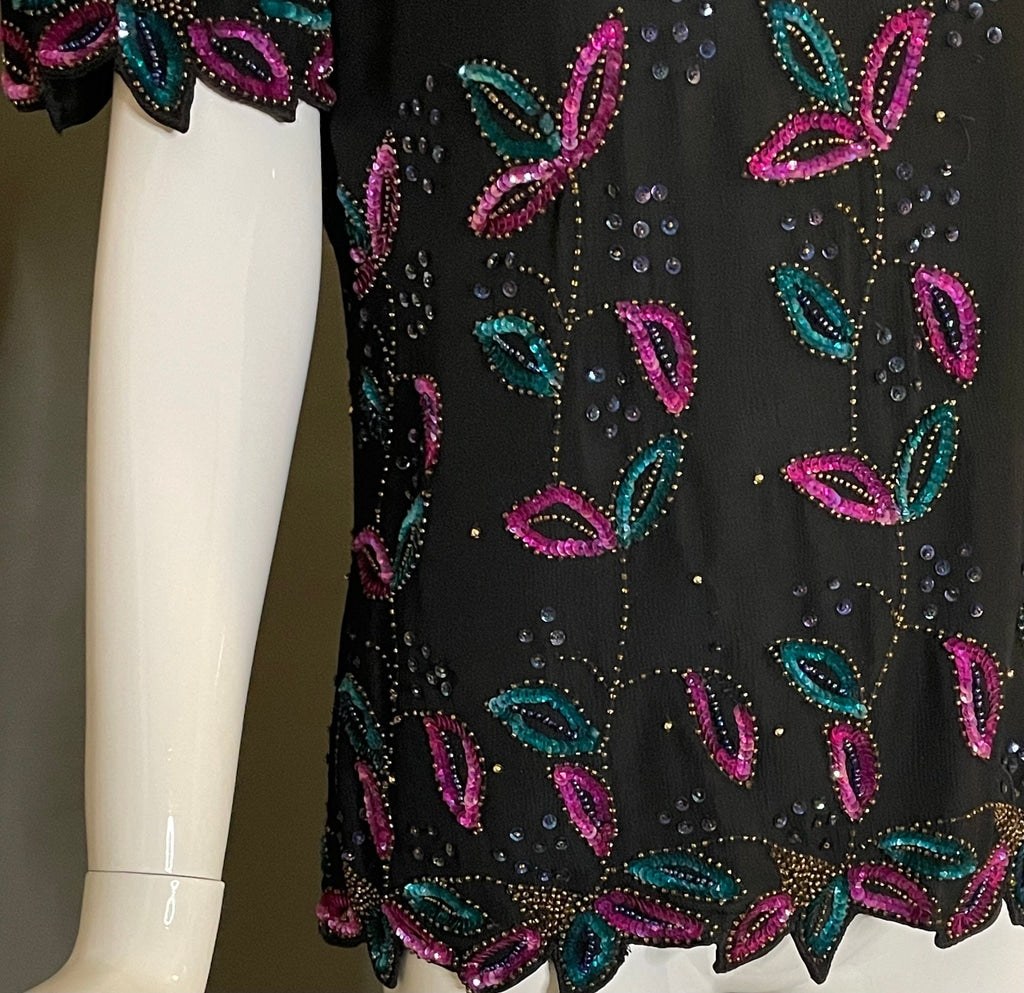 Gorg Vtg 80s St Enay Pink Blue Sequin Black Silk Party Cocktail Top M Jagged Hem