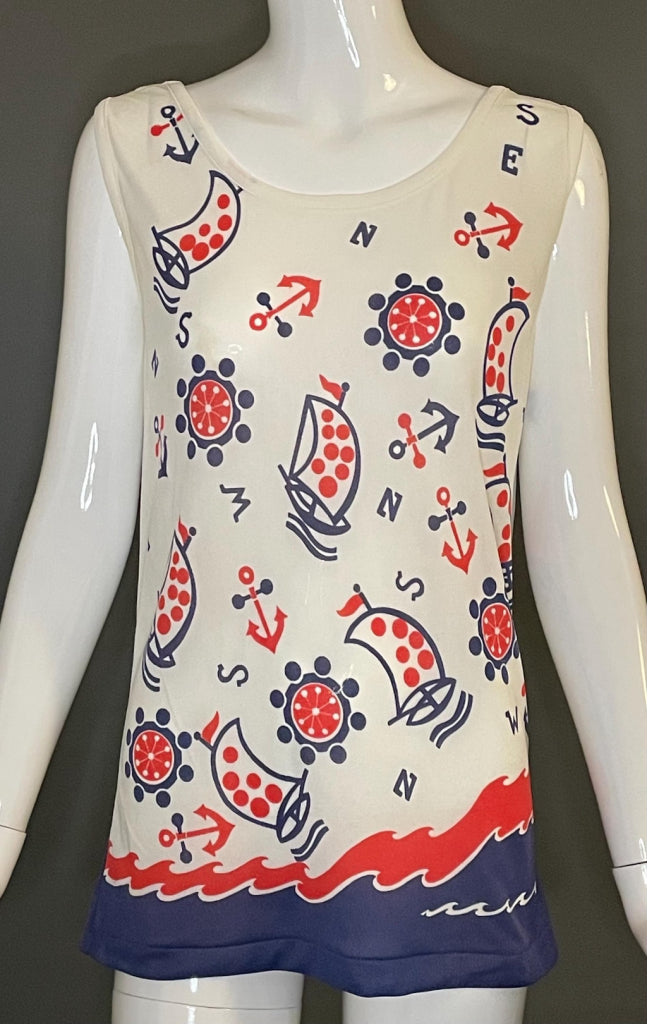 Darling Vtg 70s Nautical Print Top Tank Exc Cond Size L