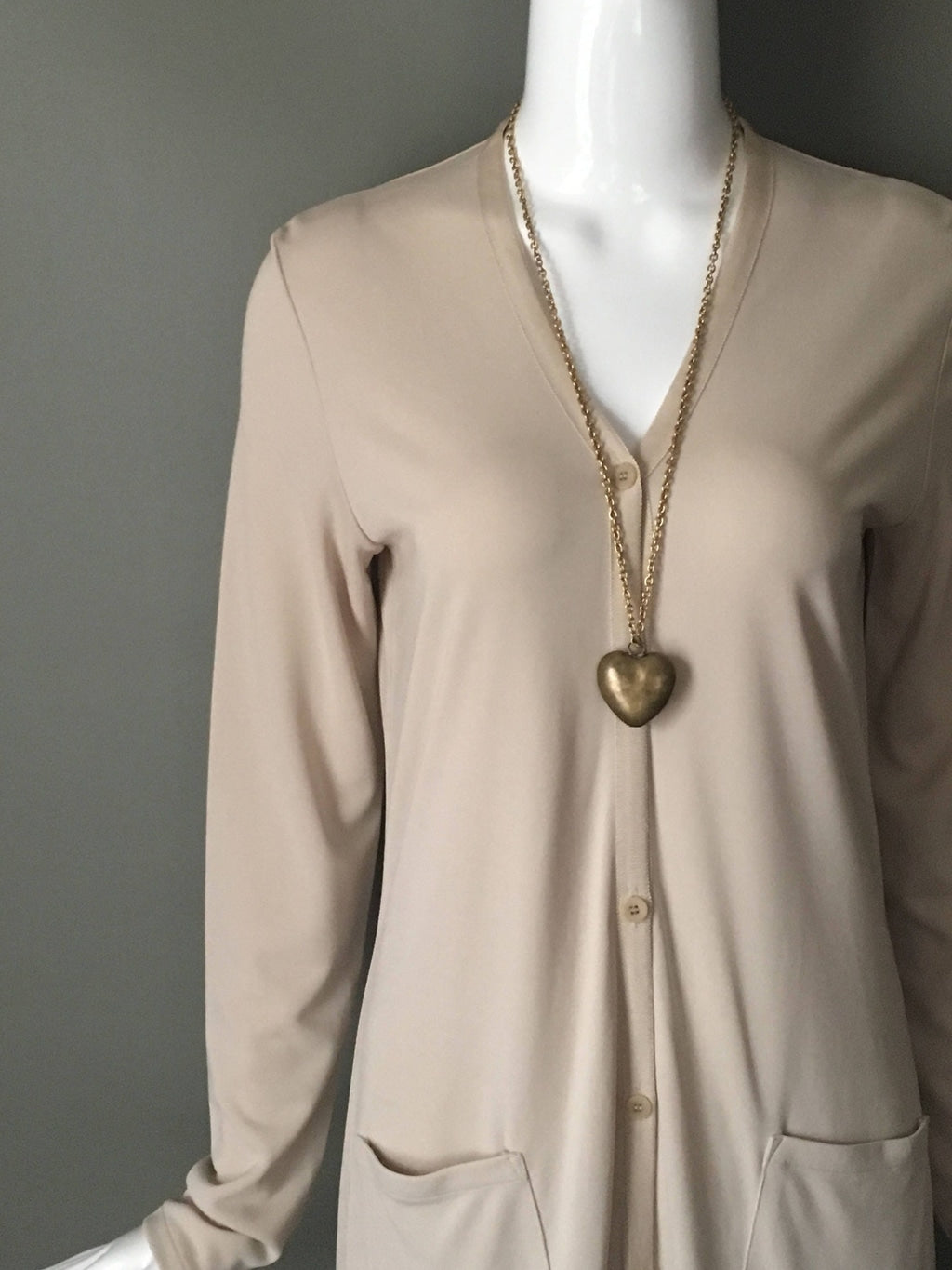 Gorg Vtg 90s DKNY Taupe Rayon Button Up Long Sleeve Shirt Dress Pockets S