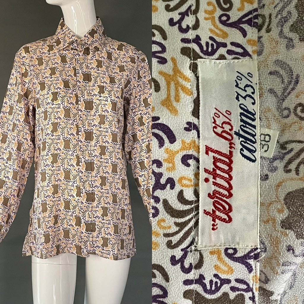 Vtg 70s Unworn New Old Stock Indie Print Button Up Top Blouse 38 M L Mint Indie