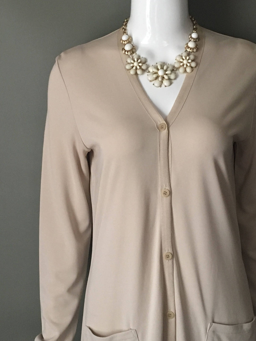 Gorg Vtg 90s DKNY Taupe Rayon Button Up Long Sleeve Shirt Dress Pockets S