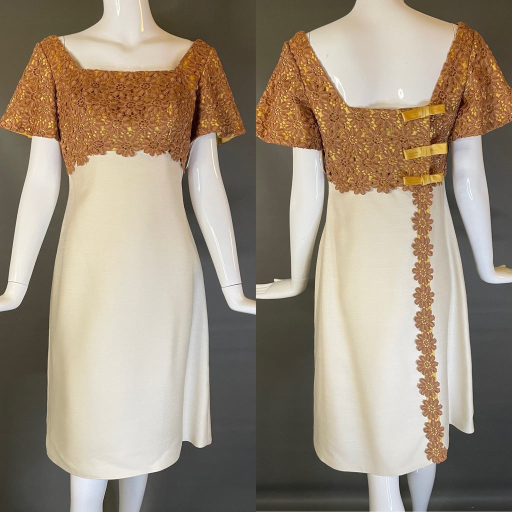 Vtg 60s Unworn  Dress Ivory Bronze Floral Macrame Metal Zip Pinup Madmen Mint M