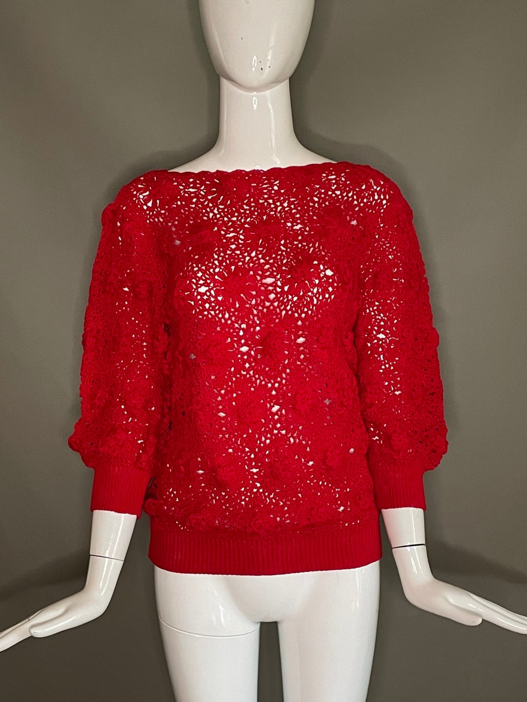 Super Cute Vtg 70s Red Hand Crocheted Rosette Top Blouse 3/4 Sleeves M