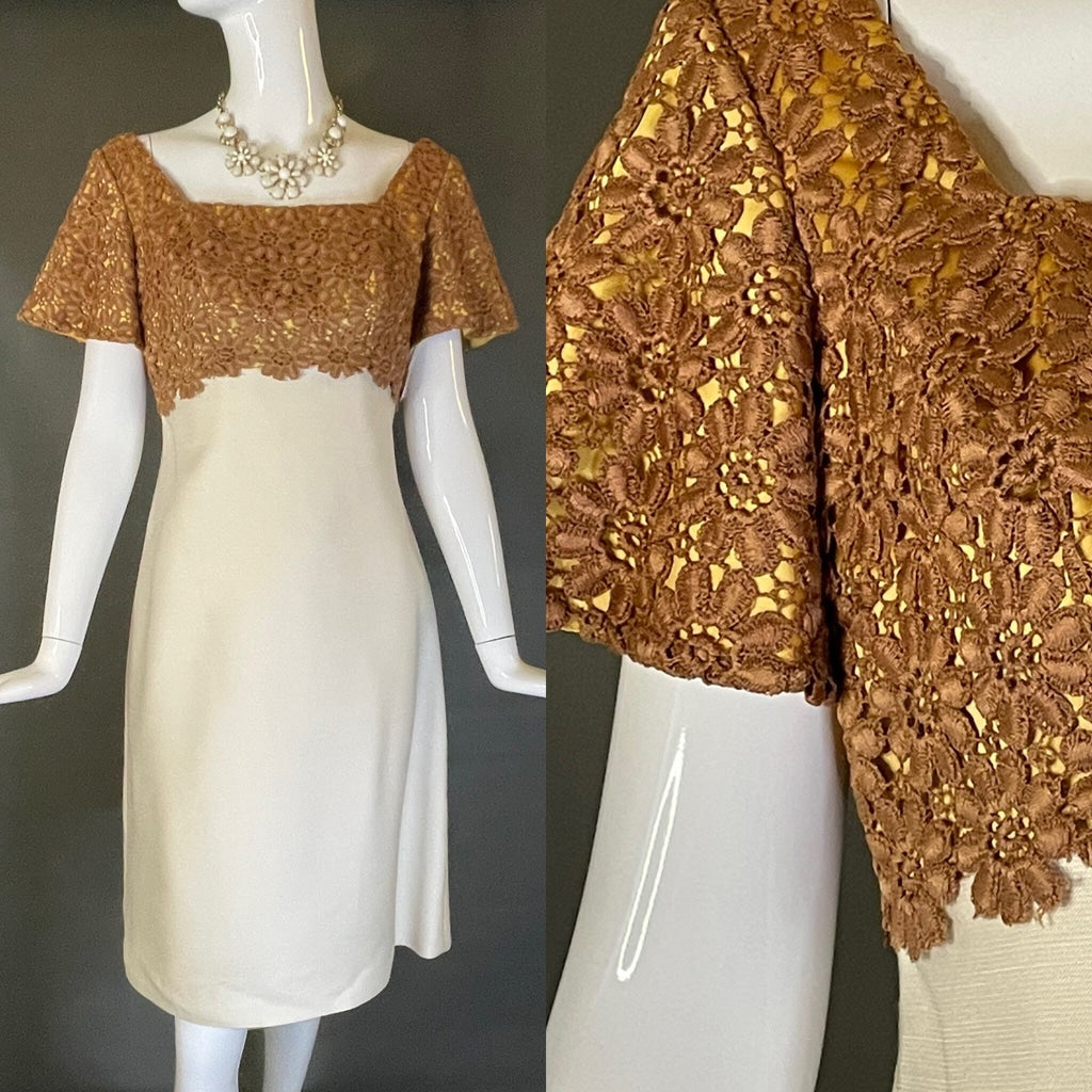 Vtg 60s Unworn  Dress Ivory Bronze Floral Macrame Metal Zip Pinup Madmen Mint M