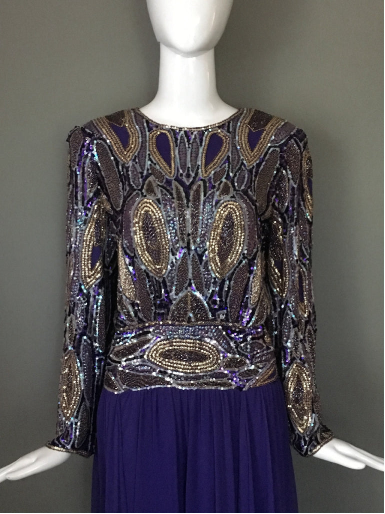 Gorg Vtg 80s Jack Bryan ESequin Poly Chiffon Formal Chic Dress Mint Glam 8 M L