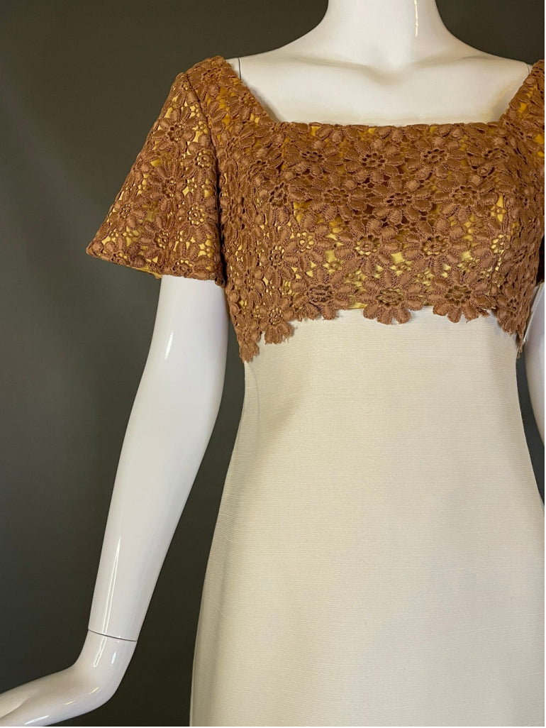 Vtg 60s Unworn  Dress Ivory Bronze Floral Macrame Metal Zip Pinup Madmen Mint M