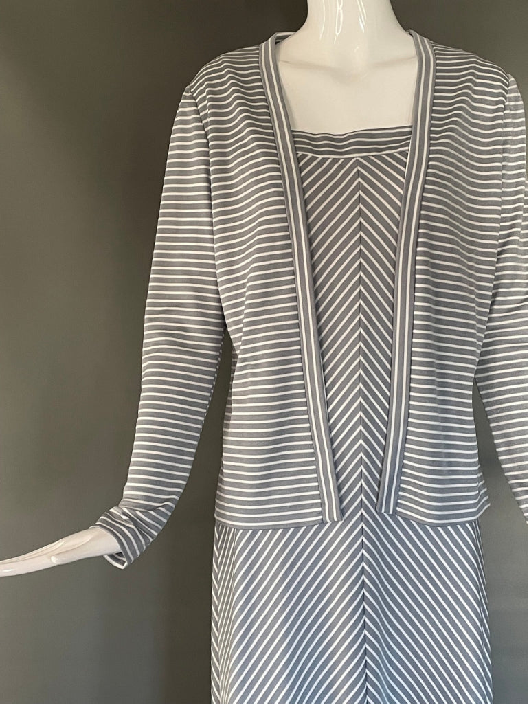 Vtg 70s Outfit Gray Chevron Stripe Maxi Dress w/Matching Jacket Shrug S M Mint