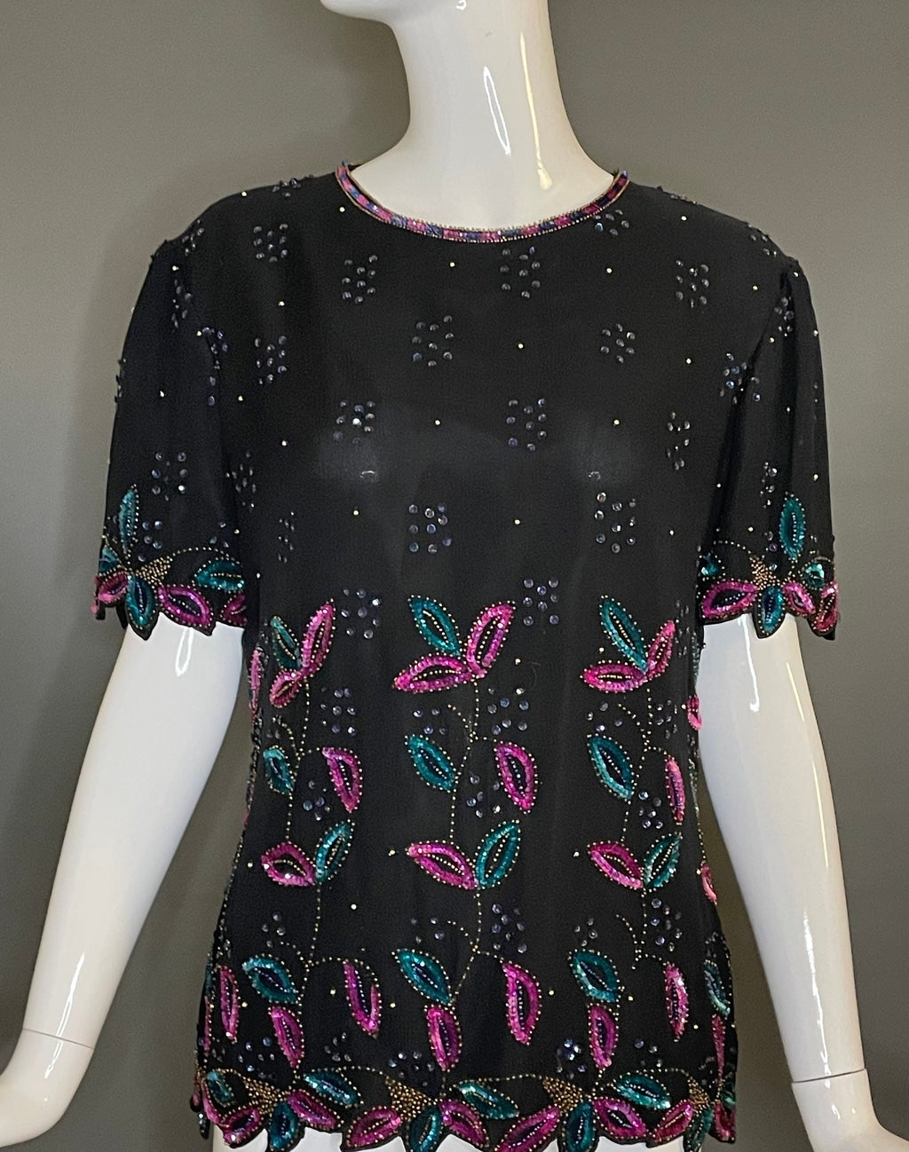 Gorg Vtg 80s St Enay Pink Blue Sequin Black Silk Party Cocktail Top M Jagged Hem