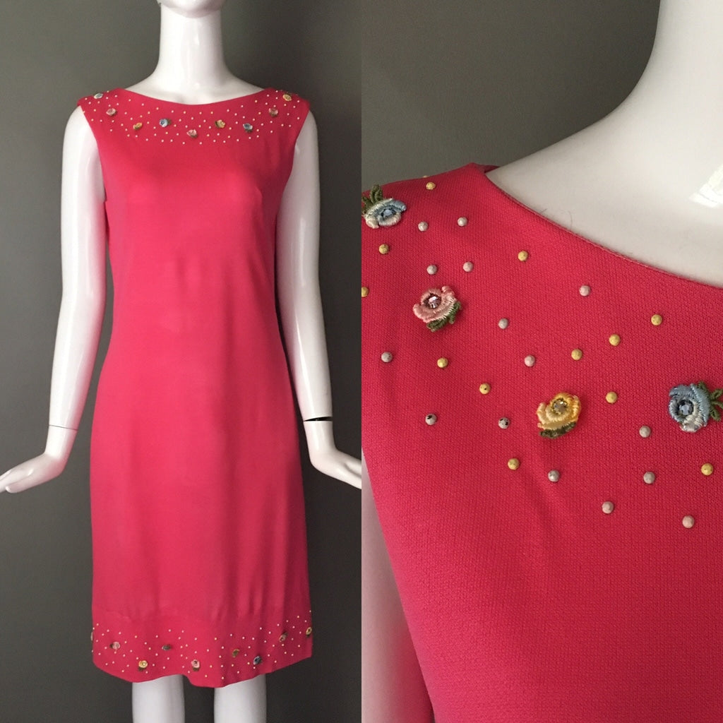 Vtg 60s Poppy Florals & Pearls Embellished Shift Dress Metal Zip M Poly Knit