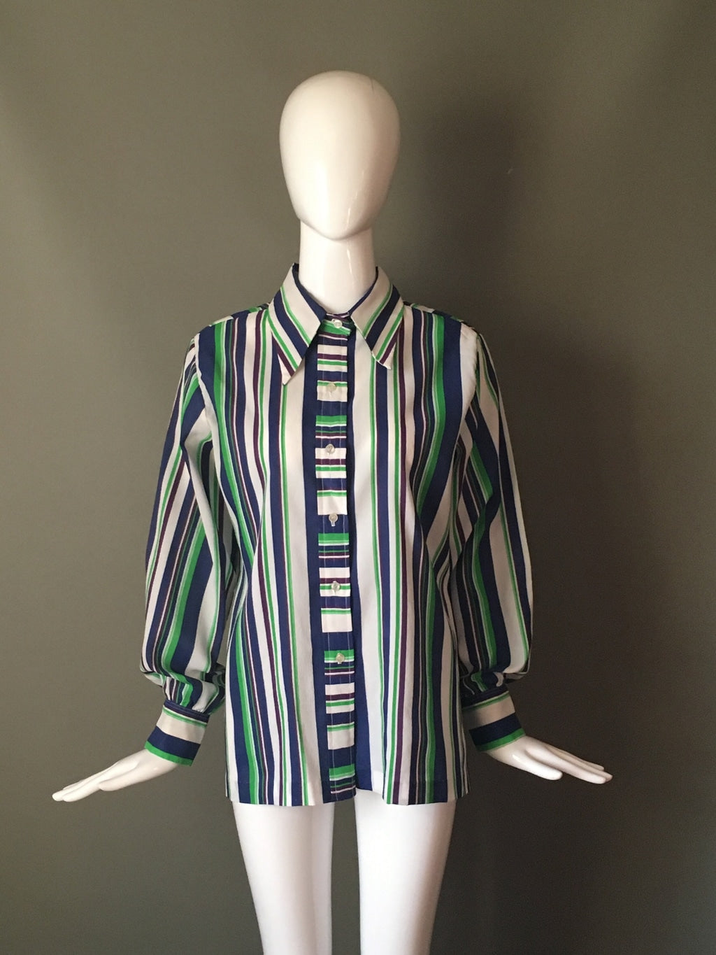 Super Cute Vtg 70s Blue Green Stripe Poly Crepe Glenbrooke Label Top Blouse L