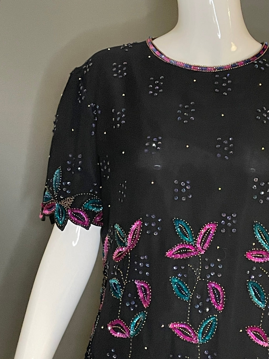 Gorg Vtg 80s St Enay Pink Blue Sequin Black Silk Party Cocktail Top M Jagged Hem