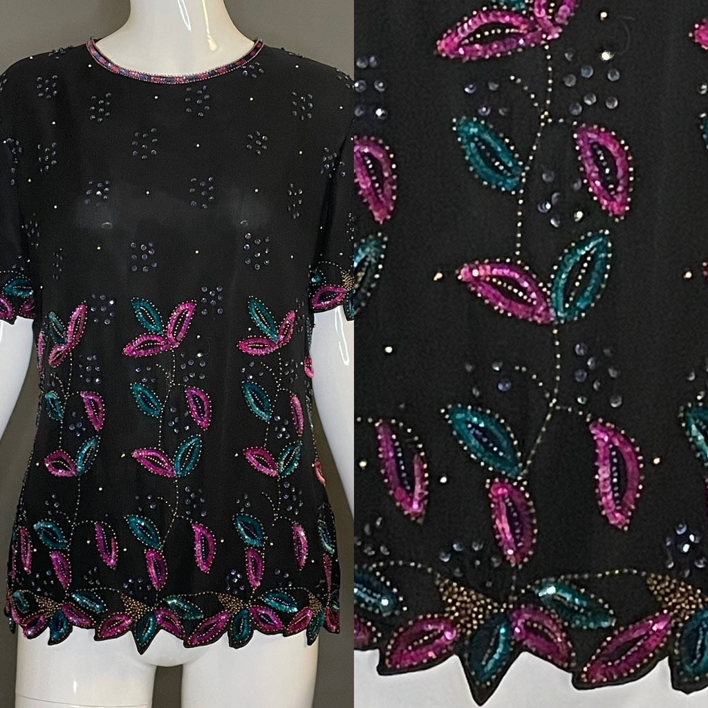 Gorg Vtg 80s St Enay Pink Blue Sequin Black Silk Party Cocktail Top M Jagged Hem