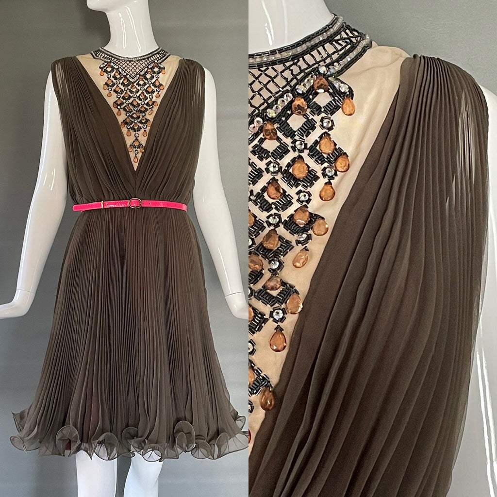 Vtg 70s Jack Bryan Accordion Pleat Pearl Crystal Party Dress 10 M Exc Cond