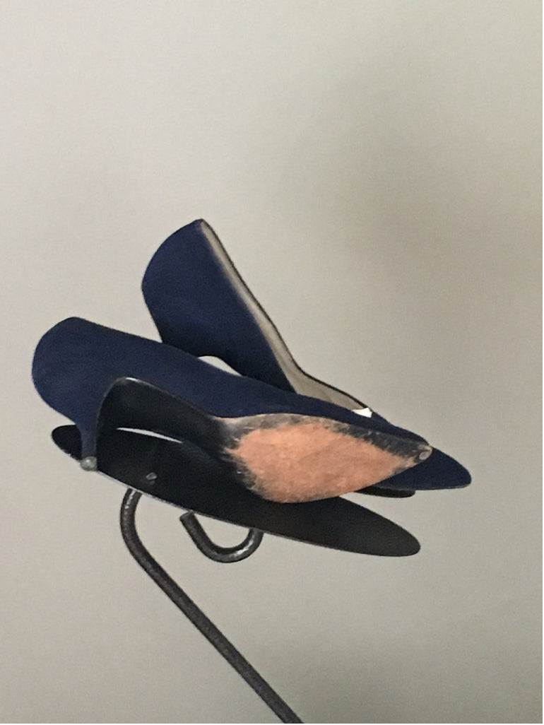 Vtg 50s Sapphire Blue Velvet Pointy Pump Shoe Pinup Rhythm Step Exc Condition 5