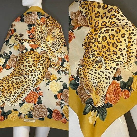 Stunning Salvatore Ferragamo Leopard Print Silk Scarf 34 In Excellent Condition