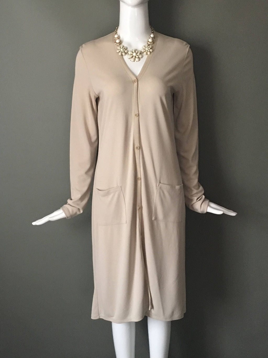 Gorg Vtg 90s DKNY Taupe Rayon Button Up Long Sleeve Shirt Dress Pockets S