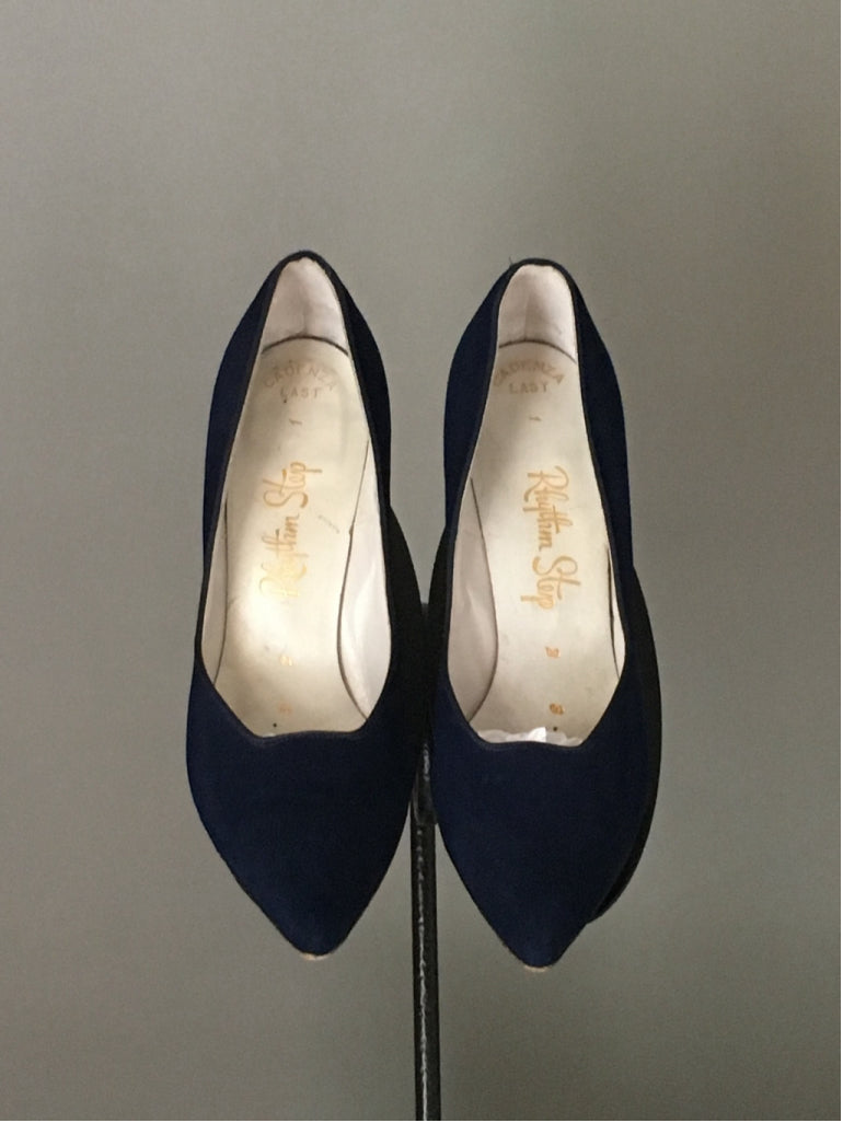 Vtg 50s Sapphire Blue Velvet Pointy Pump Shoe Pinup Rhythm Step Exc Condition 5