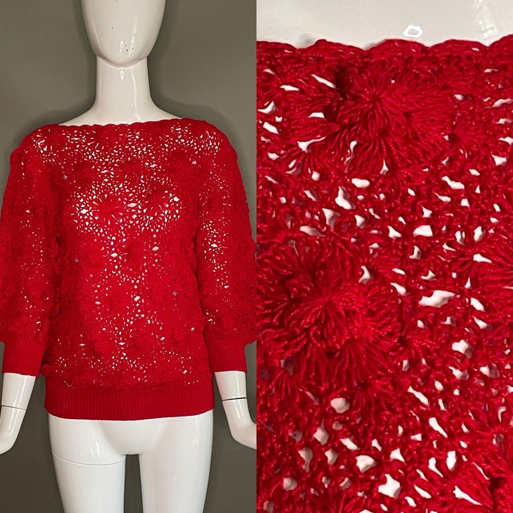 Super Cute Vtg 70s Red Hand Crocheted Rosette Top Blouse 3/4 Sleeves M