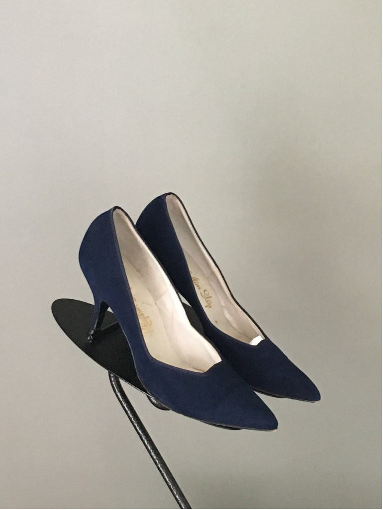 Vtg 50s Sapphire Blue Velvet Pointy Pump Shoe Pinup Rhythm Step Exc Condition 5