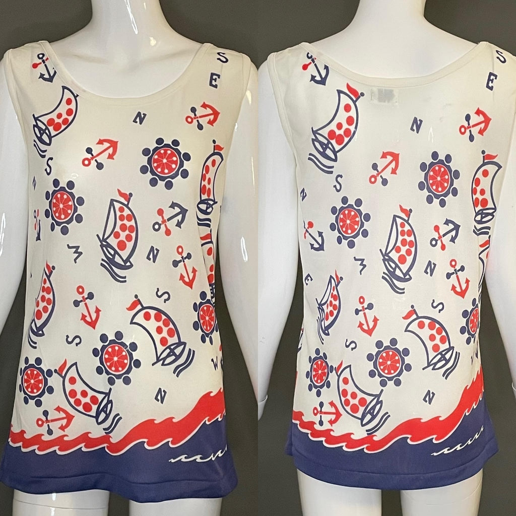 Darling Vtg 70s Nautical Print Top Tank Exc Cond Size L