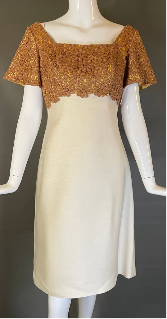 Vtg 60s Unworn  Dress Ivory Bronze Floral Macrame Metal Zip Pinup Madmen Mint M