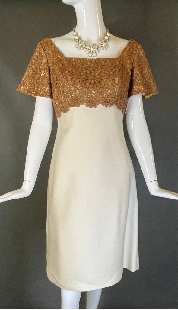 Vtg 60s Unworn  Dress Ivory Bronze Floral Macrame Metal Zip Pinup Madmen Mint M